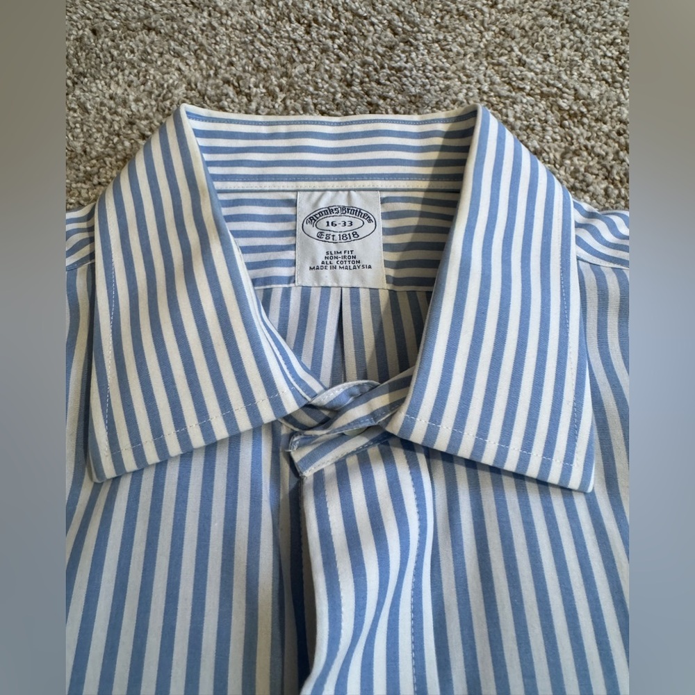 Brooks Brothers slim fit non iron blue white stripe button down. 16 x 33